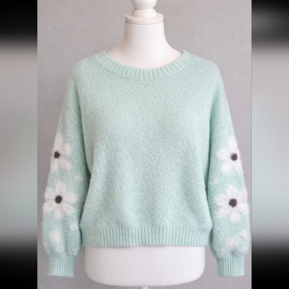 None Sweaters - 🌈Mint Green Daisy Sleeve Sweater | Super Soft Fuzzy Knit | Cozy Spring Style